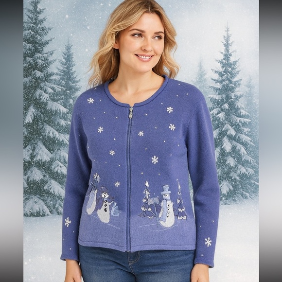 Croft & Barrow Women’s blue Snowman Winter Zip Cardigan Sweater XL Embroidered - Picture 1 of 14